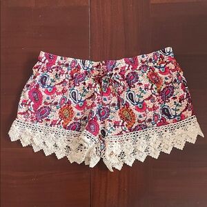 Vibrant Paisley elastic waist Shorts with Crochet Trim